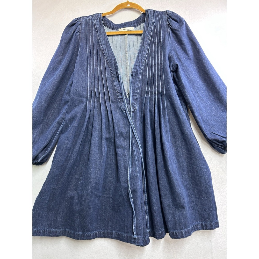 Lalavon Women's Blue Denim Pleated Romper Size Small Puff Sleeve